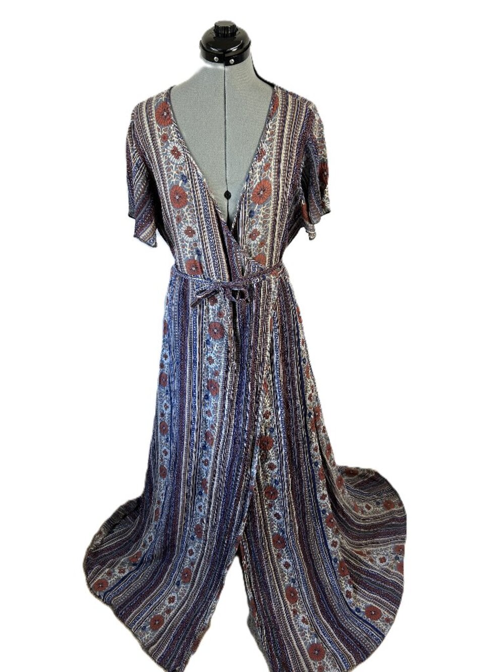 PATRONS OF PEACE Boho Maxi Faux Wrap Dress M Stripes Flowers